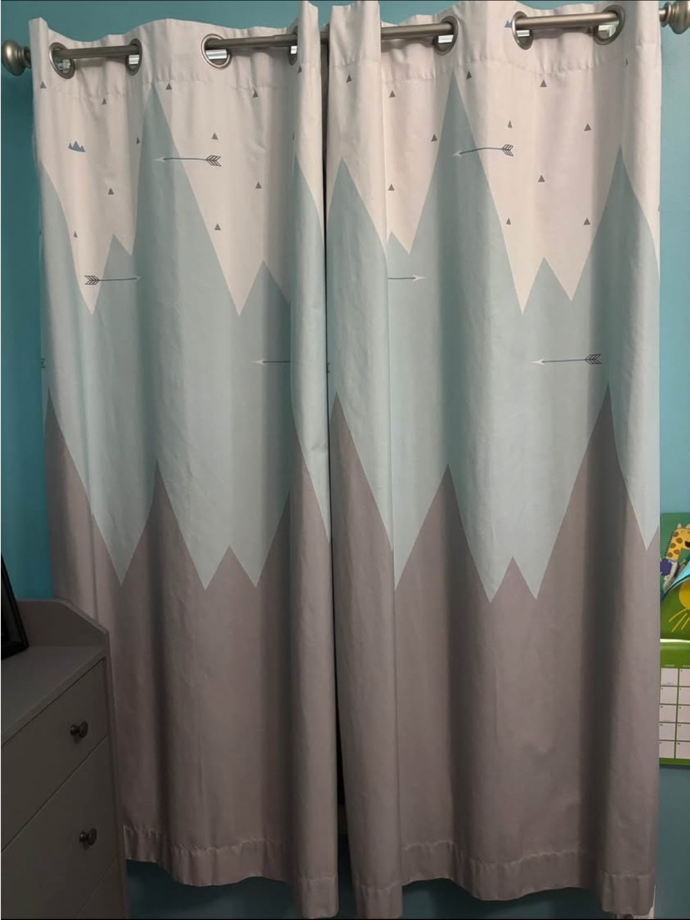 Geometric Mountain Print Curtain Panel - Blue, White & Gray